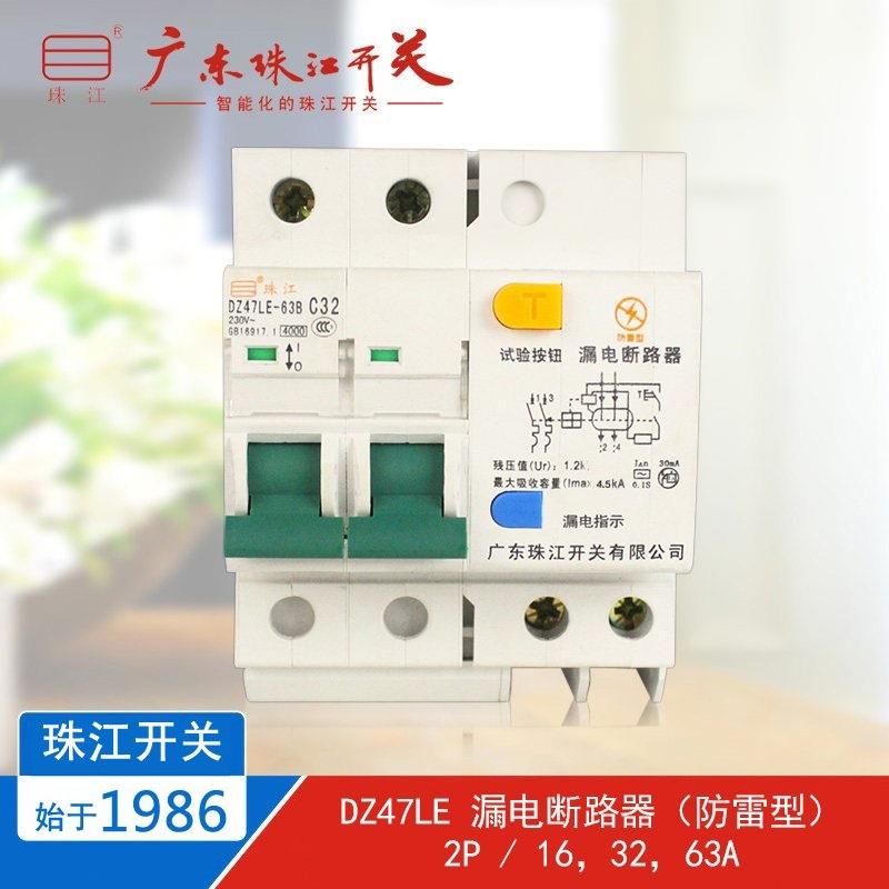 广东珠江开关 防雷型漏电保护器 空气断路器 DZ47LE 2P 16/32/63A