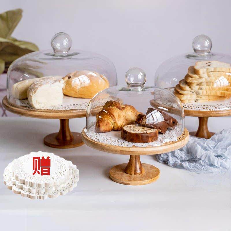 旋转蛋糕盘玻璃盖竹木高腿盖糕点面包桌品尝盘甜点展示架