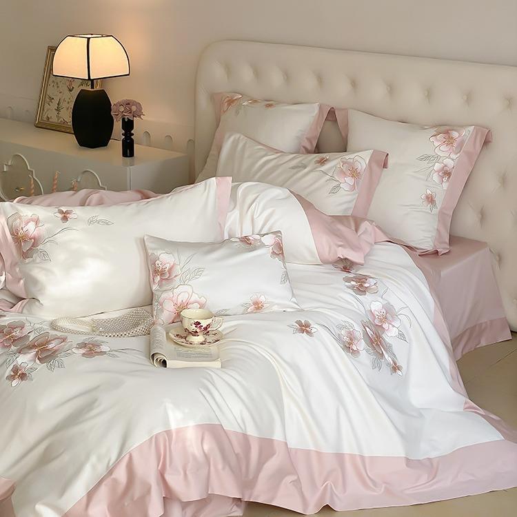 1少女心100S长绒棉四件套高端浪漫花卉刺绣被套床单1.8m床上用品