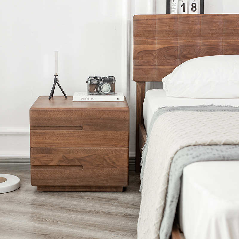 北美黑胡桃木床头柜北欧现代简约主卧双人床樱桃木墨二黑实木家具