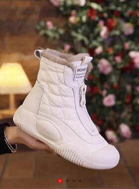 聚光点亮加绒雪地靴覆古纯皮短筒靴秋冬厚底女鞋宇航员棉布女靴子