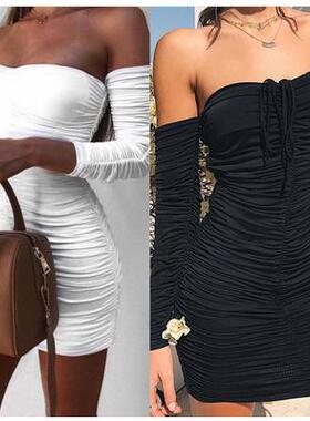 Women's one shoulder long sleeved strapless dress