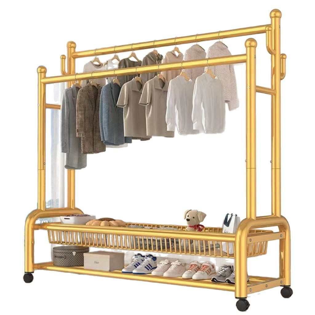 落地卧室加厚晾衣架室内家用衣服架子落地式简易衣帽架双杆可移动