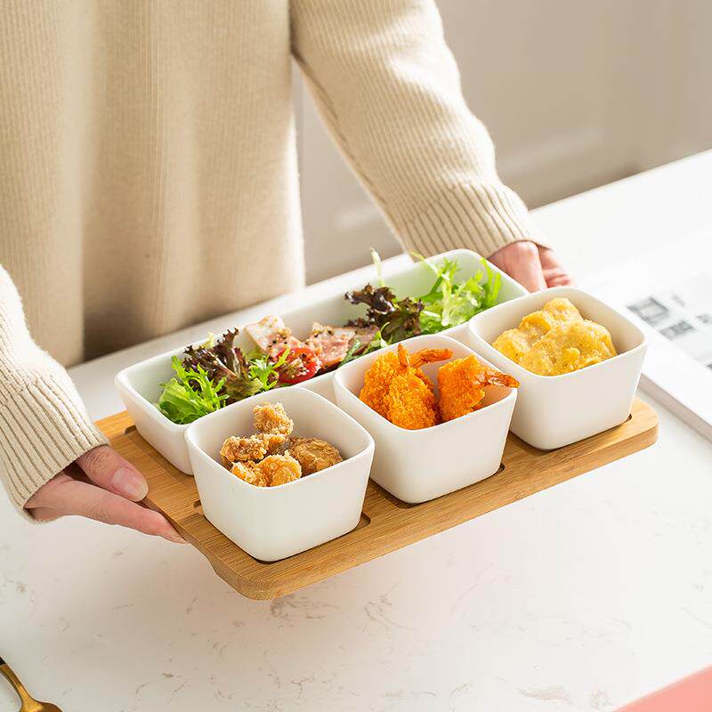 欧式简约小吃拼盘零食碟哑光色釉方形干果碗木托家用客厅果盘套装