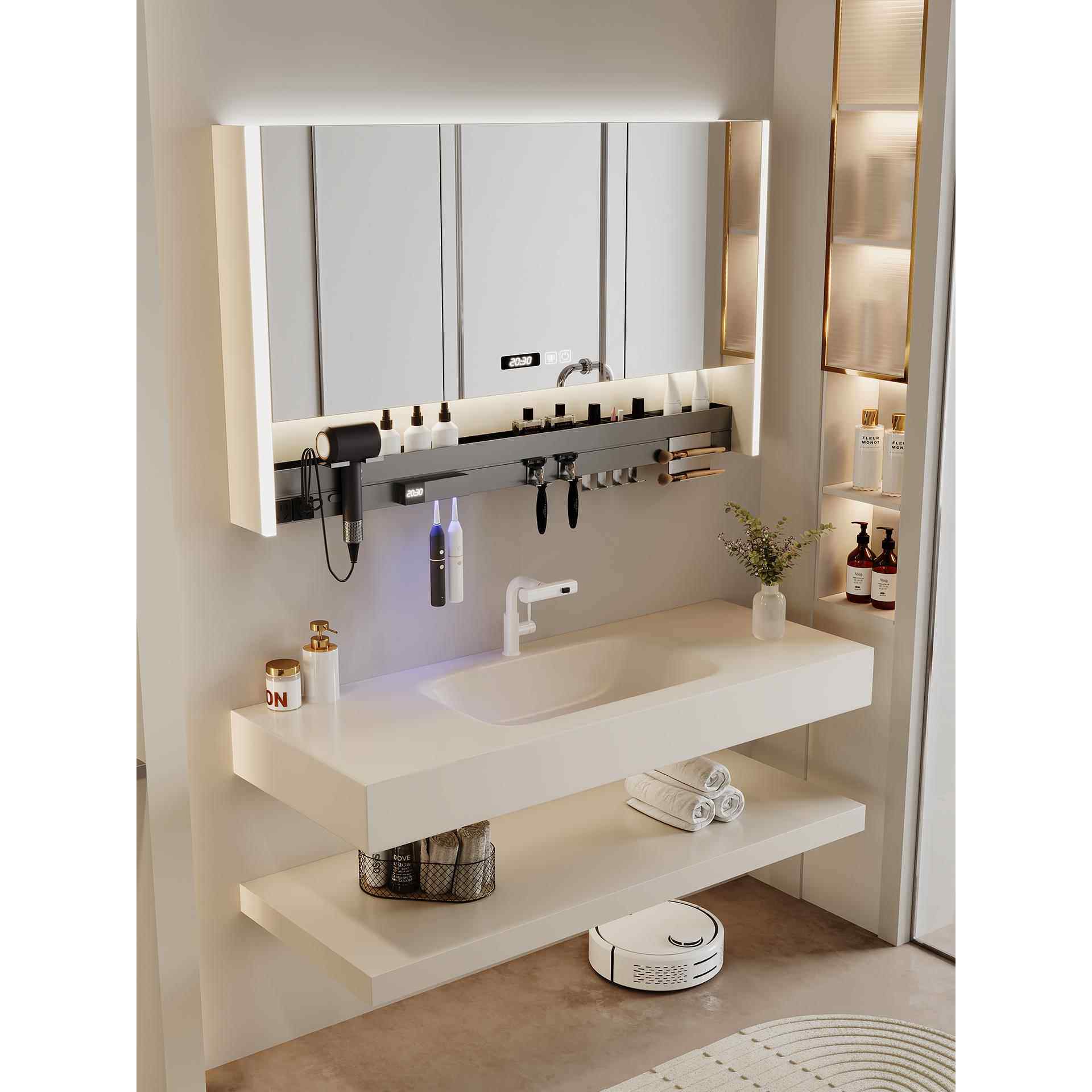 高级感酒店奶油风双层岩板热弯一体盆浴室柜组合卫生间洗手洗漱台