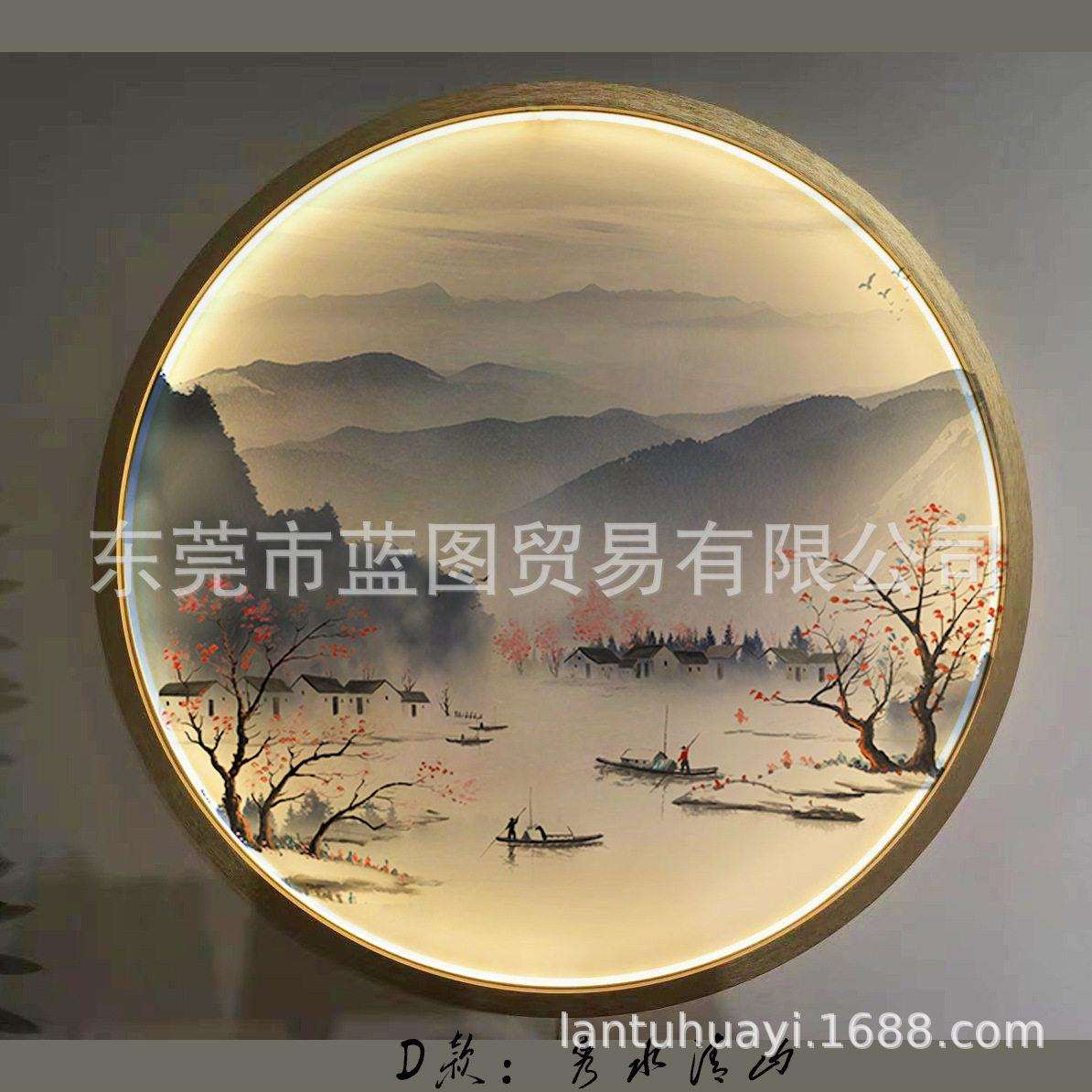 新中式圆形半透明纱布装饰画发光电池挂画玄关屏风隔断软装设计