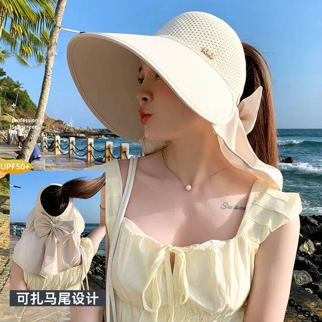 大檐披肩空顶防晒帽子女夏季遮阳显脸小可扎马尾时尚太阳帽防晒帽