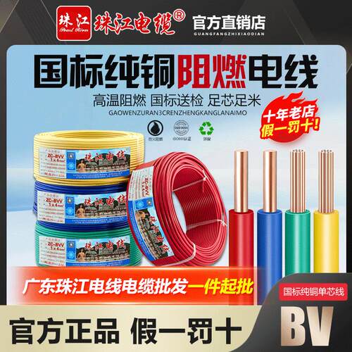 珠江电线国标铜芯1.5/2.5/6/10/16平方阻燃单芯线家用硬线ZC-BV