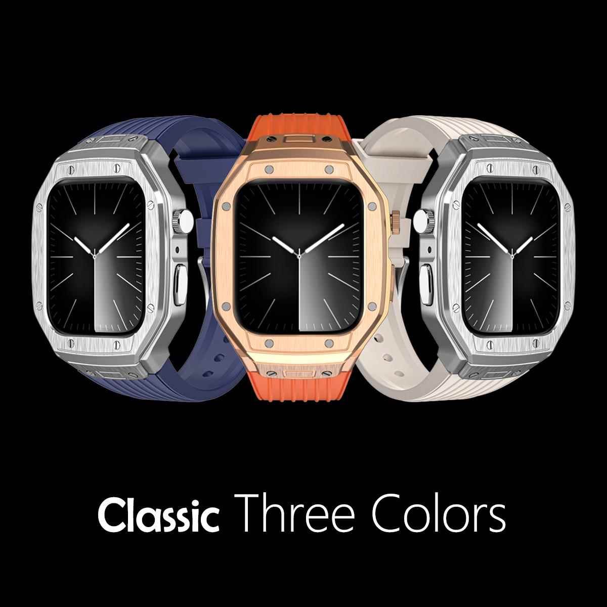 适用苹果手表iWatch保护壳12钉金属改装AppleWatch 45MM表壳一体表带se小众轻奢S9s7不锈钢6S全包套8代氟橡胶