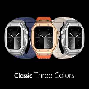 适用苹果手表iWatch保护壳12钉金属改装AppleWatch 45MM表壳一体表带se小众轻奢S9s7不锈钢11全包套8代氟橡胶