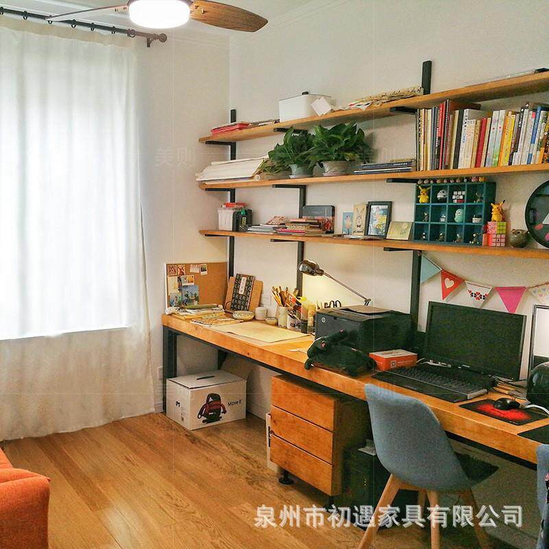 loft实木双人书桌书架书房家用长桌写字台学习电脑桌书柜一体