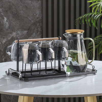 高级感玻璃杯水具套装家用客厅喝水杯子带把家庭待客茶杯杯架杯具
