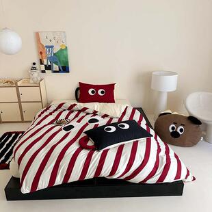 可爱多巴胺大眼睛100支全棉长绒棉四件套复古绿条纹纯棉被套床品4