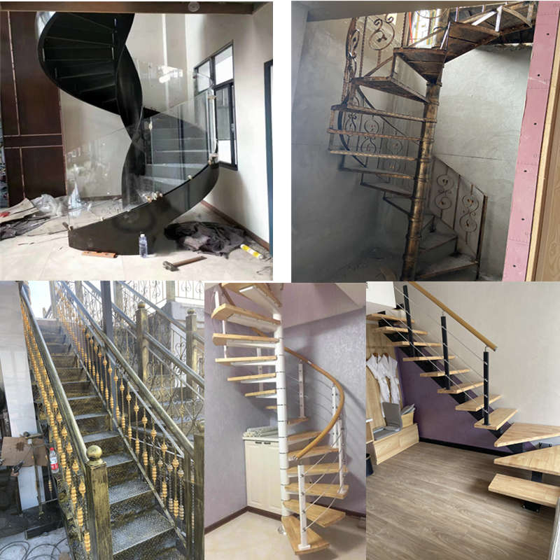 旋转楼梯家用直梁室内钢木结构loft钢架整体弧形钢板扶手室外定制