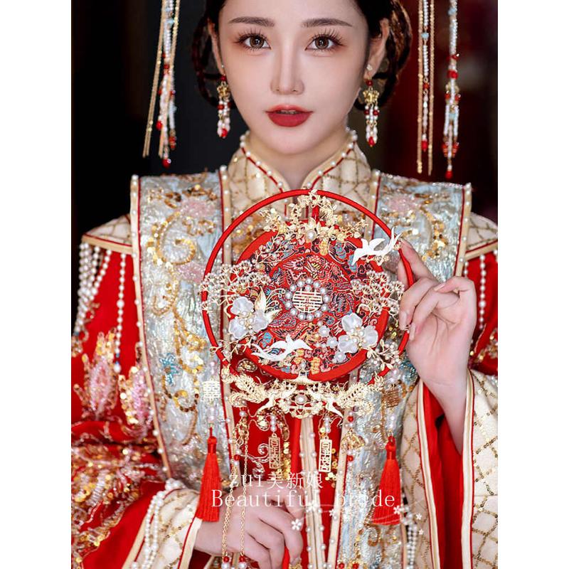 结婚新娘团扇diy材料包手工出嫁喜扇古风新婚成品中式婚礼秀禾扇