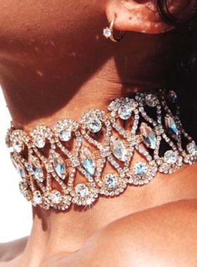 欧美性感超闪脖子颈链女个性时尚水钻镂空花项链新娘婚纱摄影配饰