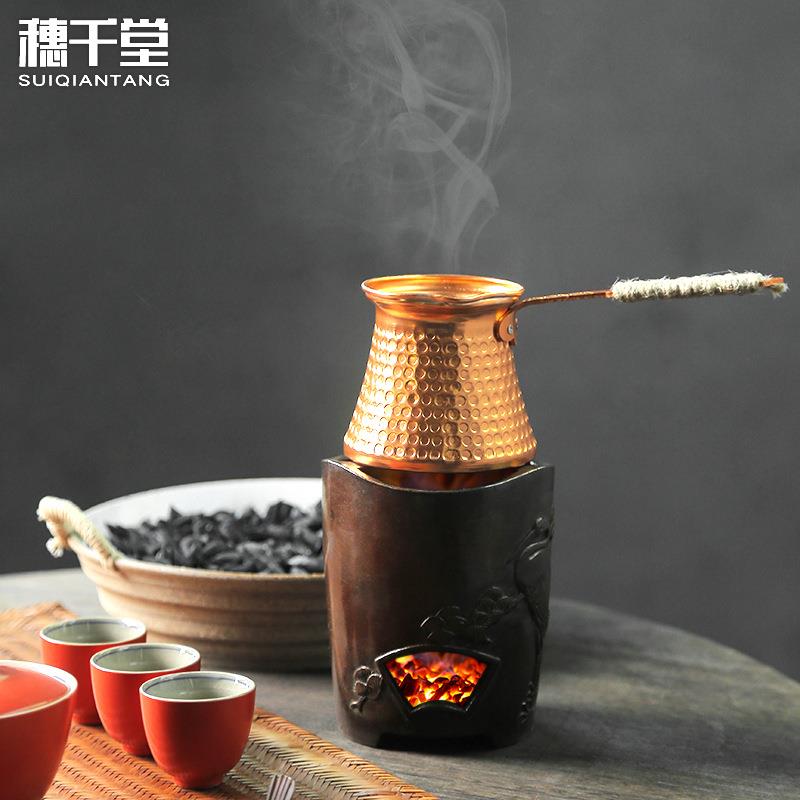 土耳其咖啡壶原装进口手工紫铜明火煮罐防热加厚挂耳手冲木柄防烫