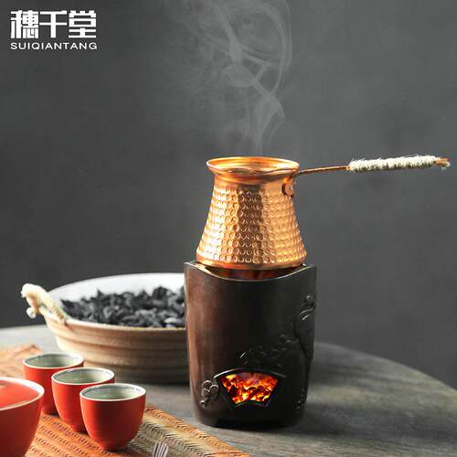土耳其咖啡壶原装进口手工紫铜明火煮罐防热加厚挂耳手冲木柄防烫