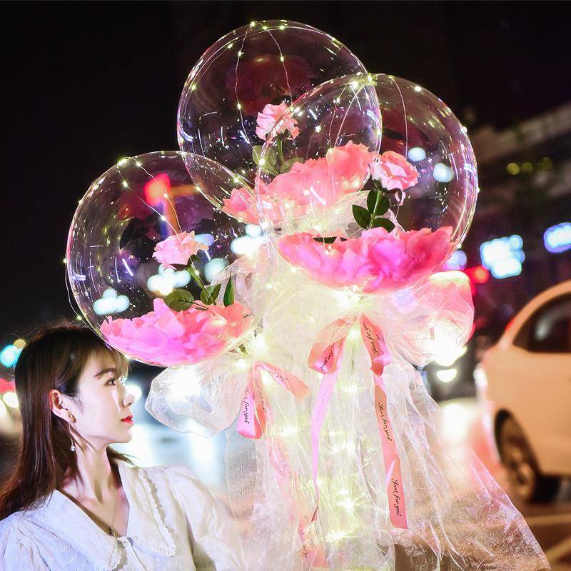网红创意街卖夜市摆摊心形带灯发光气球卡通儿童玫瑰花彩灯波波球