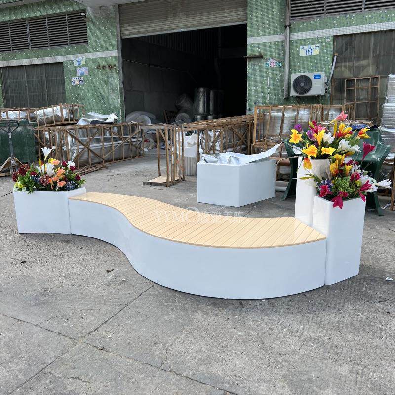 玻璃钢木纹长条休闲椅组合花盆商场长廊座椅户外广场坐凳长椅