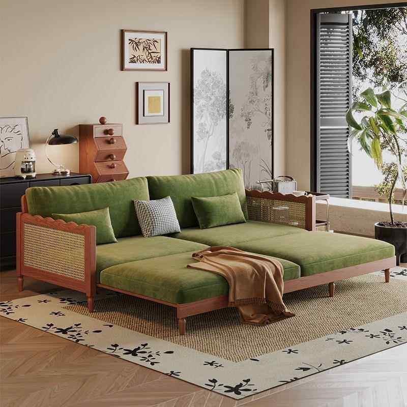 法式中古风白蜡木实木沙发直排布艺沙发客厅小户型沙发床折叠两用