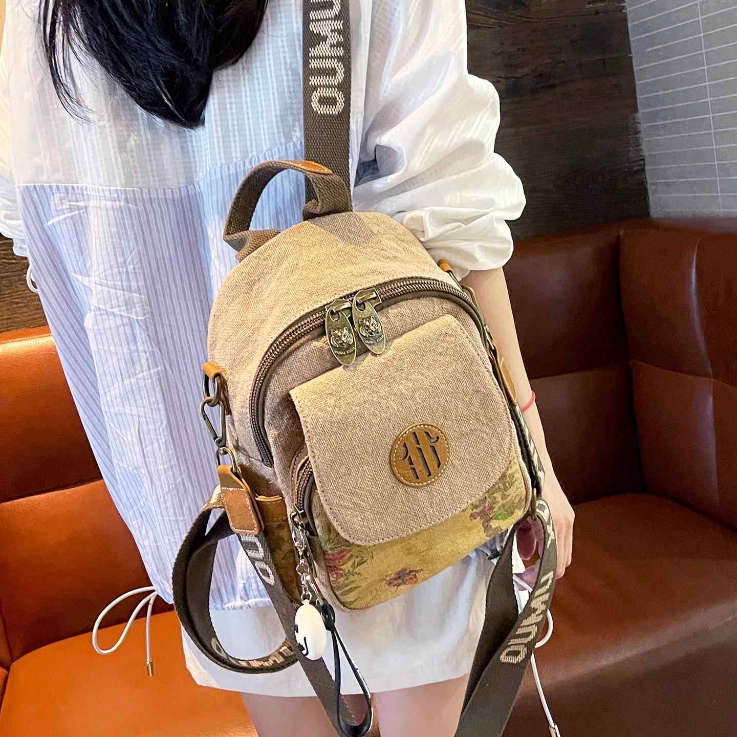 代购棉麻料三用小揹包新款潮覆古通勤双肩包休闲 轻便户外包宠物