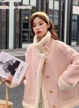 粉色羊羔绒外套女短款冬季皮毛一体2025新款小个子韩系加厚棉衣潮