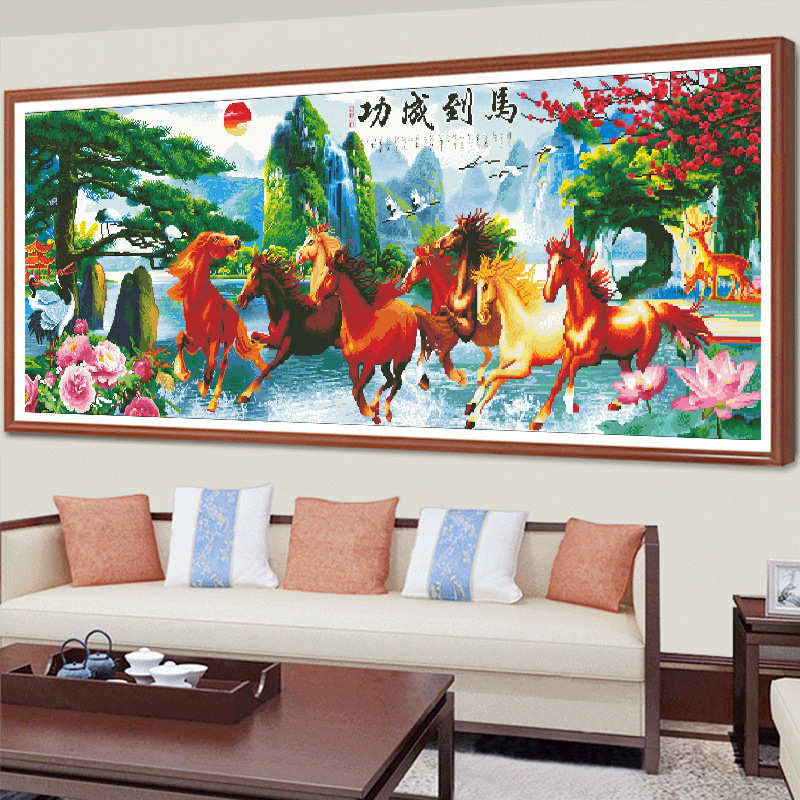 八骏图十字绣2024新款线绣客厅迎客松马到成功八马图大幅满绣风景
