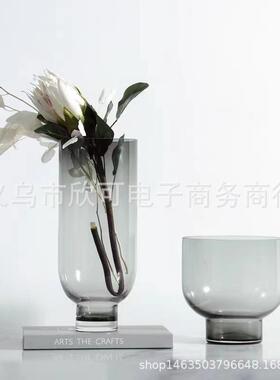 灰色简约现代圆形玻璃花器客厅花艺插花装饰花瓶摆件样板间软装