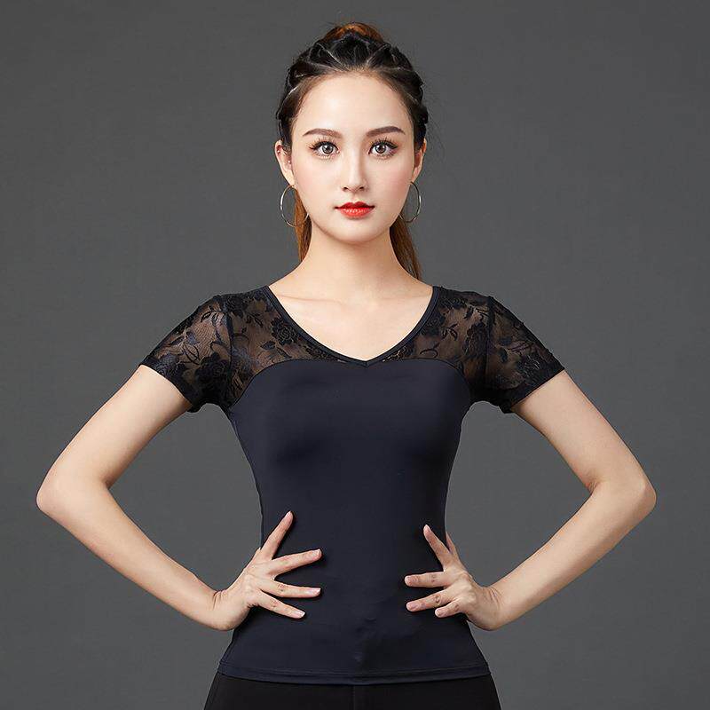 时尚蕾丝舞蹈跳舞衣服广场舞女成人拉丁舞上衣跳舞服装黑色中袖