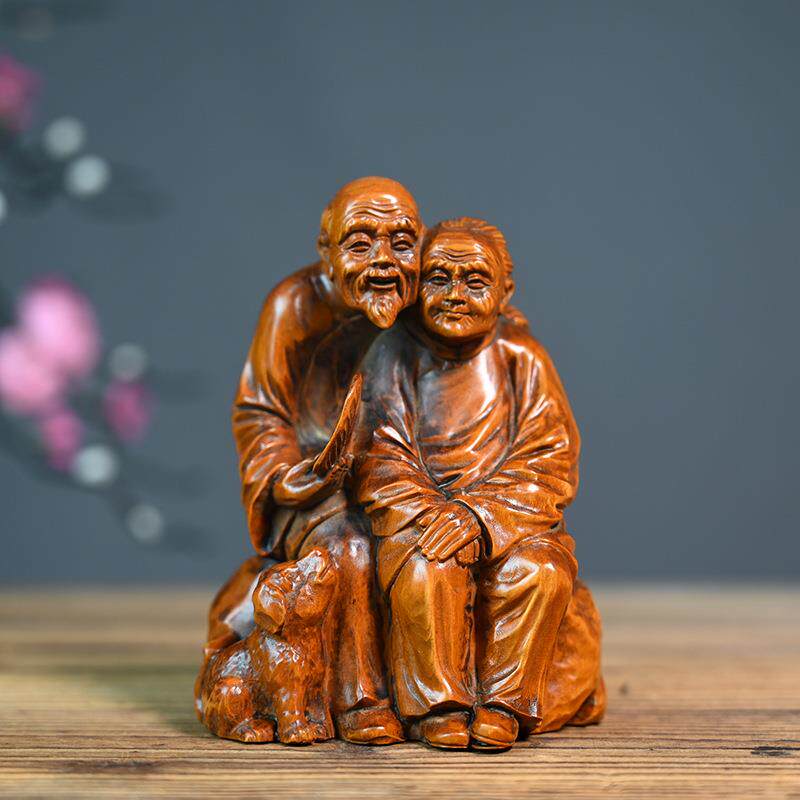 小叶黄杨木仿古老夫老妻雕刻木质品小摆件创艺家居装饰品送礼