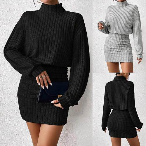 Women's Pit Bar High Neck Bag Hip Long Sleeve Dress