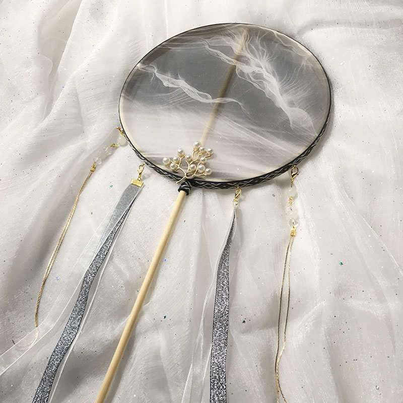 古风汉服配饰扇长柄团扇子成品红白烫金刺绣宫扇拍照古典舞蹈团扇