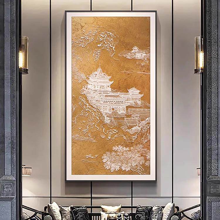 酒店走廊过道高档挂画新中式山水风景画玄关3D立体浮雕大气装饰画