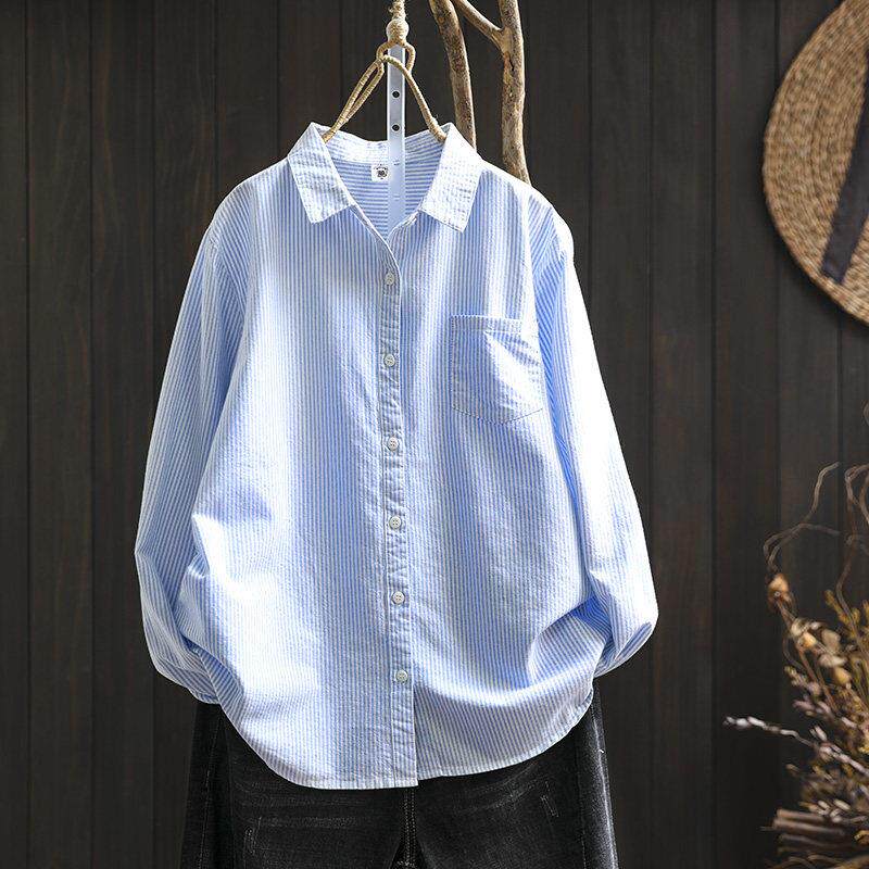 衬衣女款2026新款爆款清爽通勤纯棉长袖条纹蓝色衬衫法式小资上衣