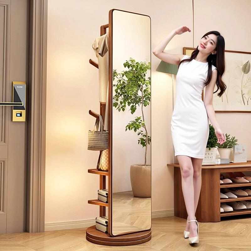 可旋转实木全身镜落地镜家用卧室移动试衣镜子带挂衣架一体穿衣镜