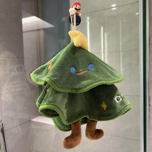 圣诞树擦手巾可挂式新款厨房抹布加厚珊瑚绒吸水刺绣双层擦手毛巾