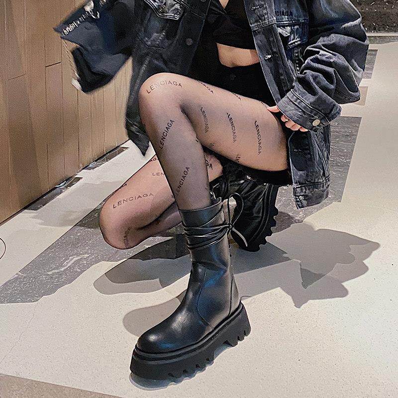 韩版潮牌厚底马丁靴女真皮短靴侧拉炼 炼 骑行靴后系带中筒靴机车