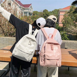 日版古着感少女书包校园，韩版高中学生双肩包森系百搭pu皮纯色背包