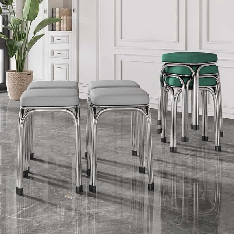 不锈钢凳子加厚可叠放方凳家用高档客厅餐桌椅子现代简约圆凳轻奢