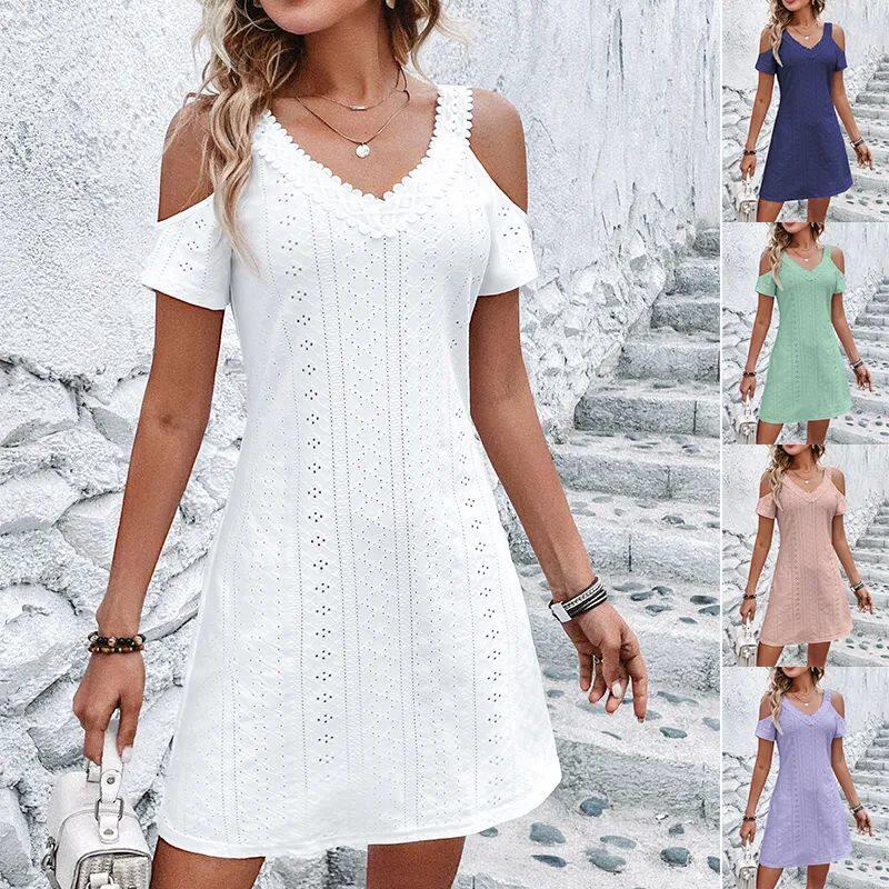 Solid Off Shoulder Short Sleeve Dress纯色圆领露肩短袖连衣裙