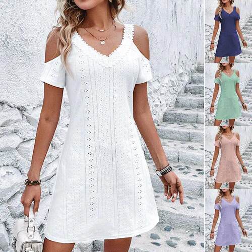 Solid Off Shoulder Short Sleeve Dress纯色圆领露肩短袖连衣裙