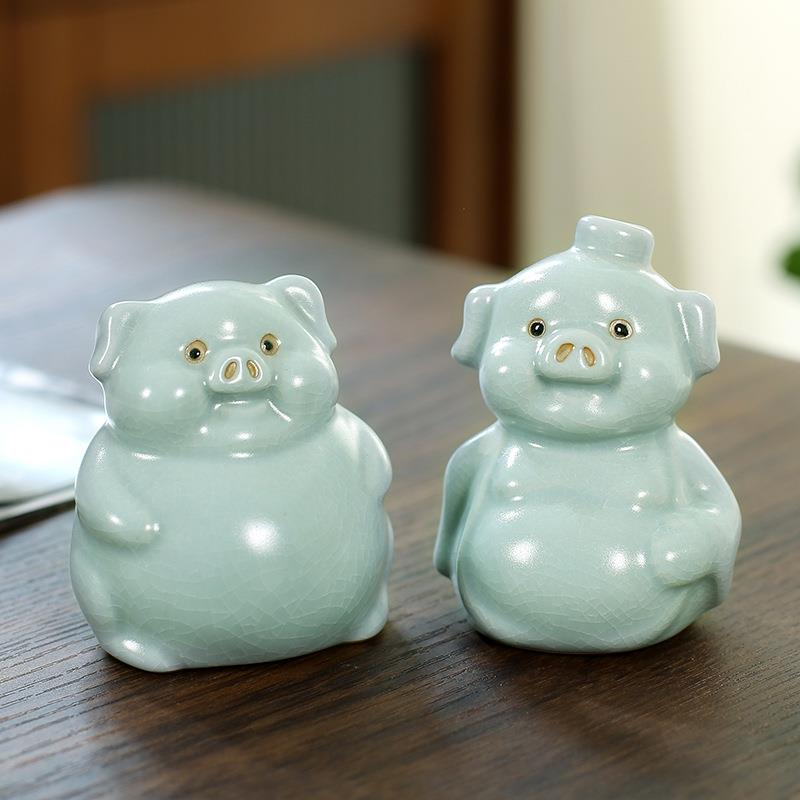汝窑茶宠摆件家用客厅陶瓷装饰品十二生肖猪八戒开片可养天青兔子