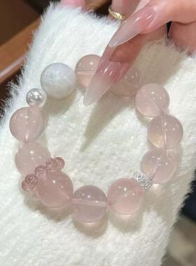 「皑雪星光」天然星光粉水晶+雪花幽灵+草莓晶跑环水晶手串手链女