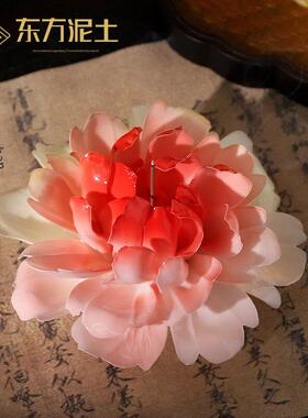 陶瓷芍药花花朵摆件釉下彩手工捏花新中式办公室茶室桌面香插装饰