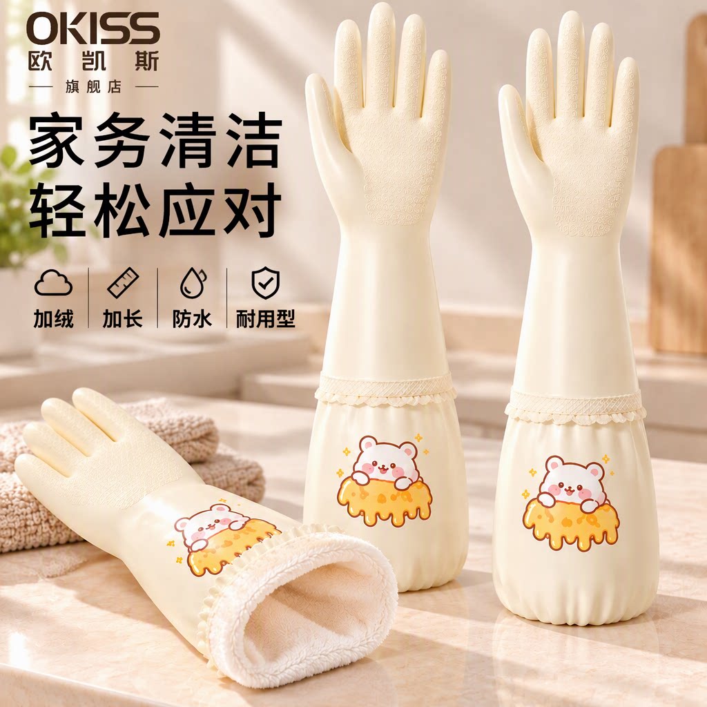 okiss洗碗手套家务清洁厨房洗衣服乳胶加绒加厚型加长耐用型防水