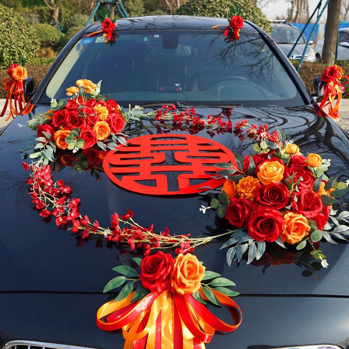 主婚车装饰车头花全套中国风式创意仿真花车布置套装结婚车队用品