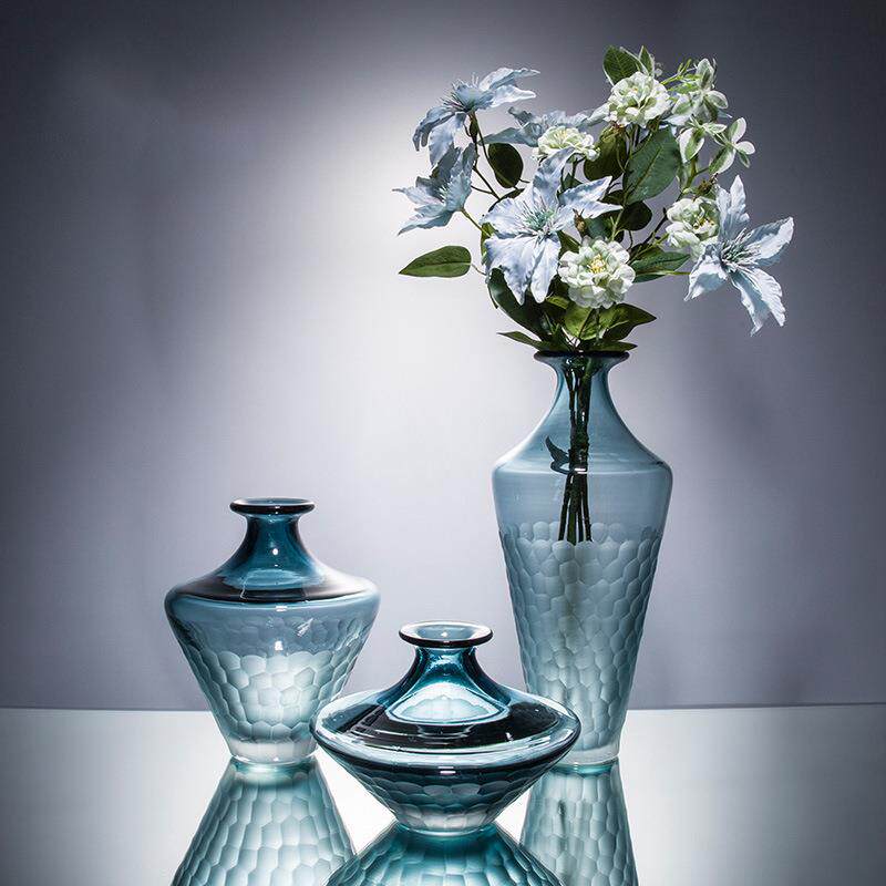 浅蓝磨刻细脖玻璃花瓶 水培富贵竹花器家居装饰摆件工艺品