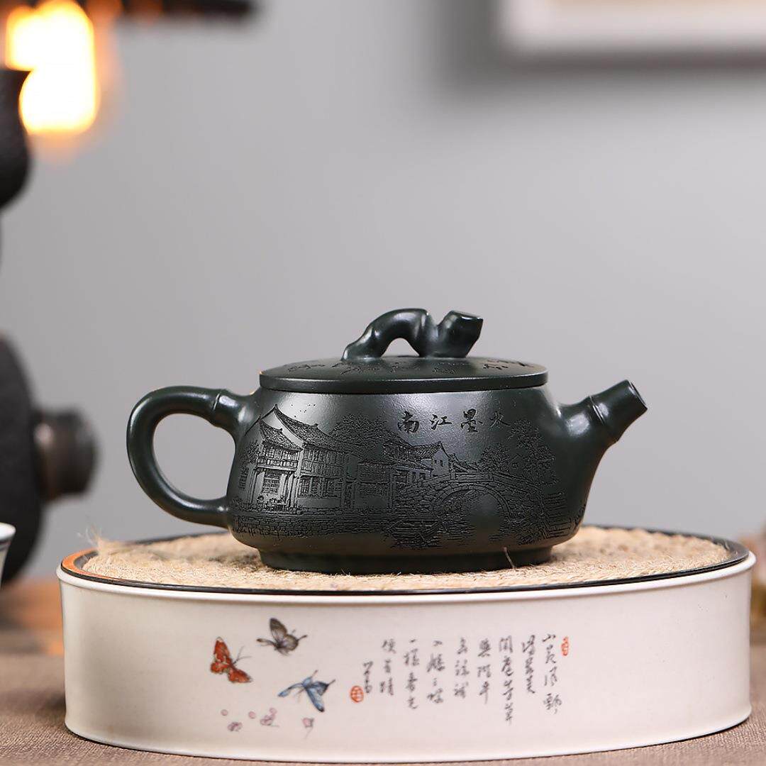 宜兴紫砂壶 竹节汉瓦 墨绿泥匠心手制大口实用紫砂茶壶茶具