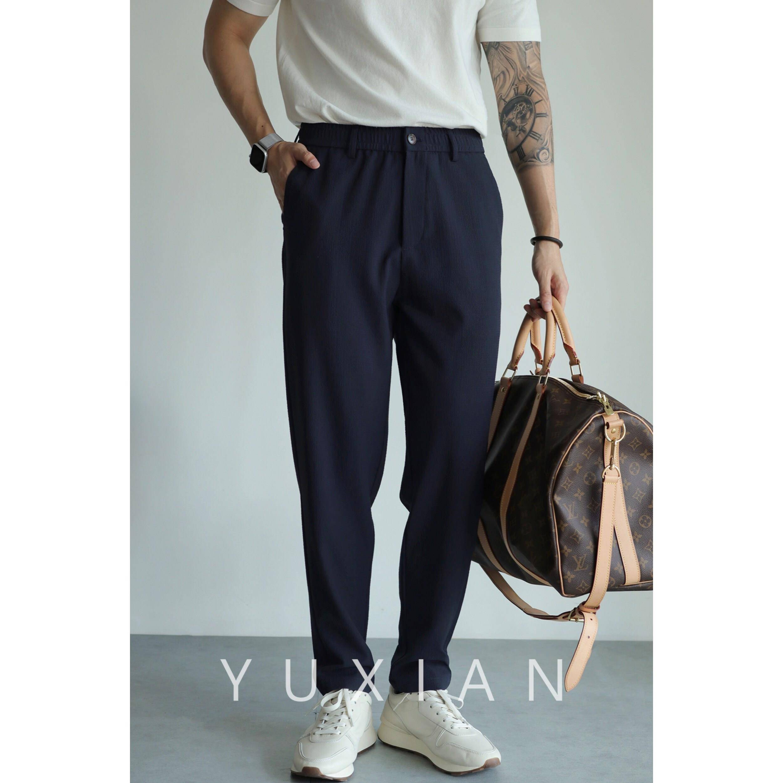 YUXIAN泡泡纱凉感速干 干抗皱锥形九分裤弹力修身直筒免熨烫男士